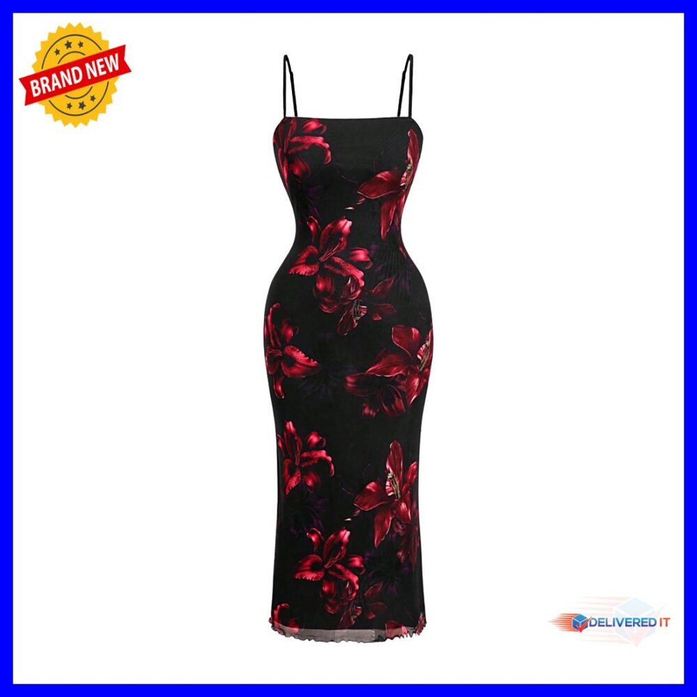 Plus Size Floral Bodycon Midi Dress Mesh Backless Date Night